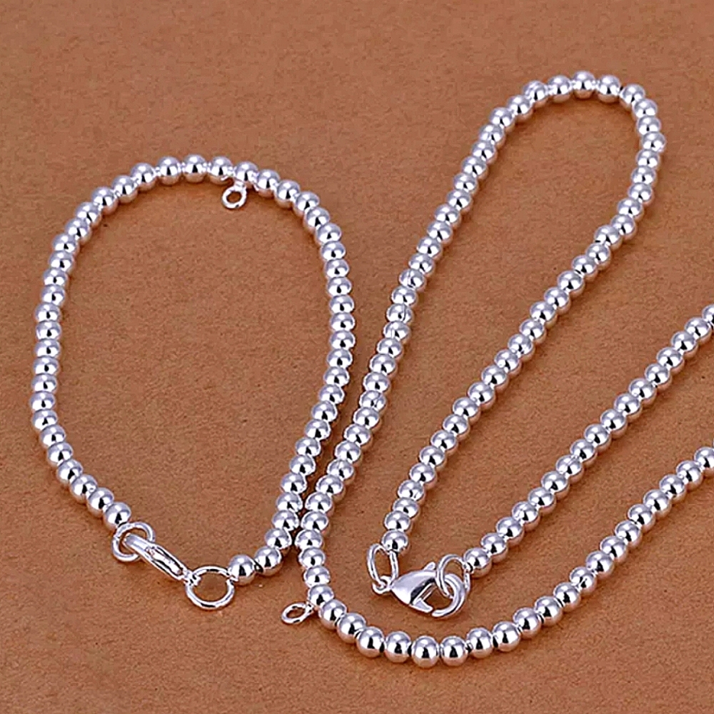 Beaded Ball Sterling Silver Necklace Matching Bracelet Set 4mm - Picture 2 of 8